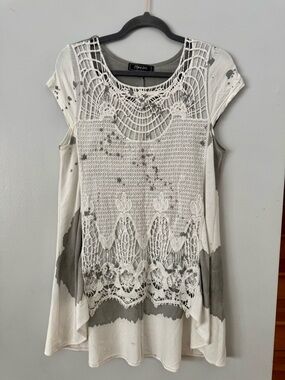 EUC Minkas Lagenlook Whimsigoth Tunic - Grey White Crochet Lace Overlay